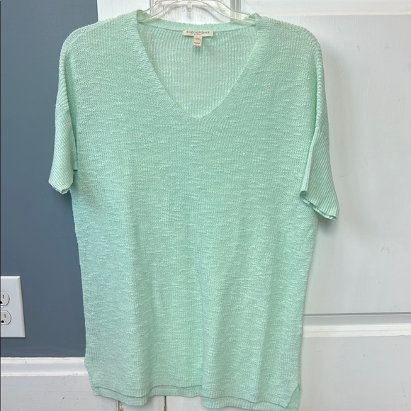 Eileen Fisher Organic Linen Organic Cotton Sea Foam Green V-neck Knit Sweater - Picture 1 of 4